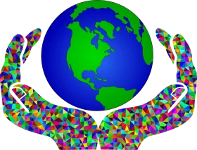 Mosaic Earth Held in Supportive Hands Symbolizing Global Unity and Environmental Preservation Clipart
