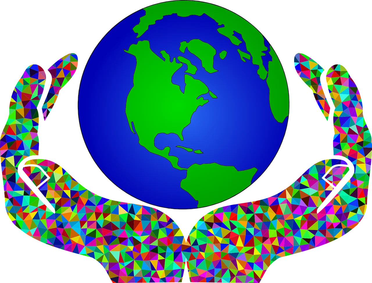 Mosaic Earth Held in Supportive Hands Symbolizing Global Unity and Environmental Preservation Clipart
