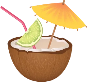 Tropical Paradise Coconut Cocktail Clipart with Lime and Umbrella