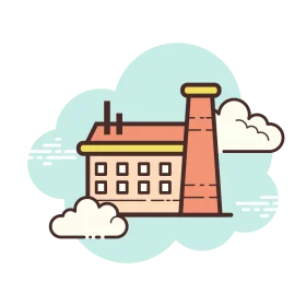 Industrial Factory Building Clipart with Smokestack and Clouds in Pastel Tones