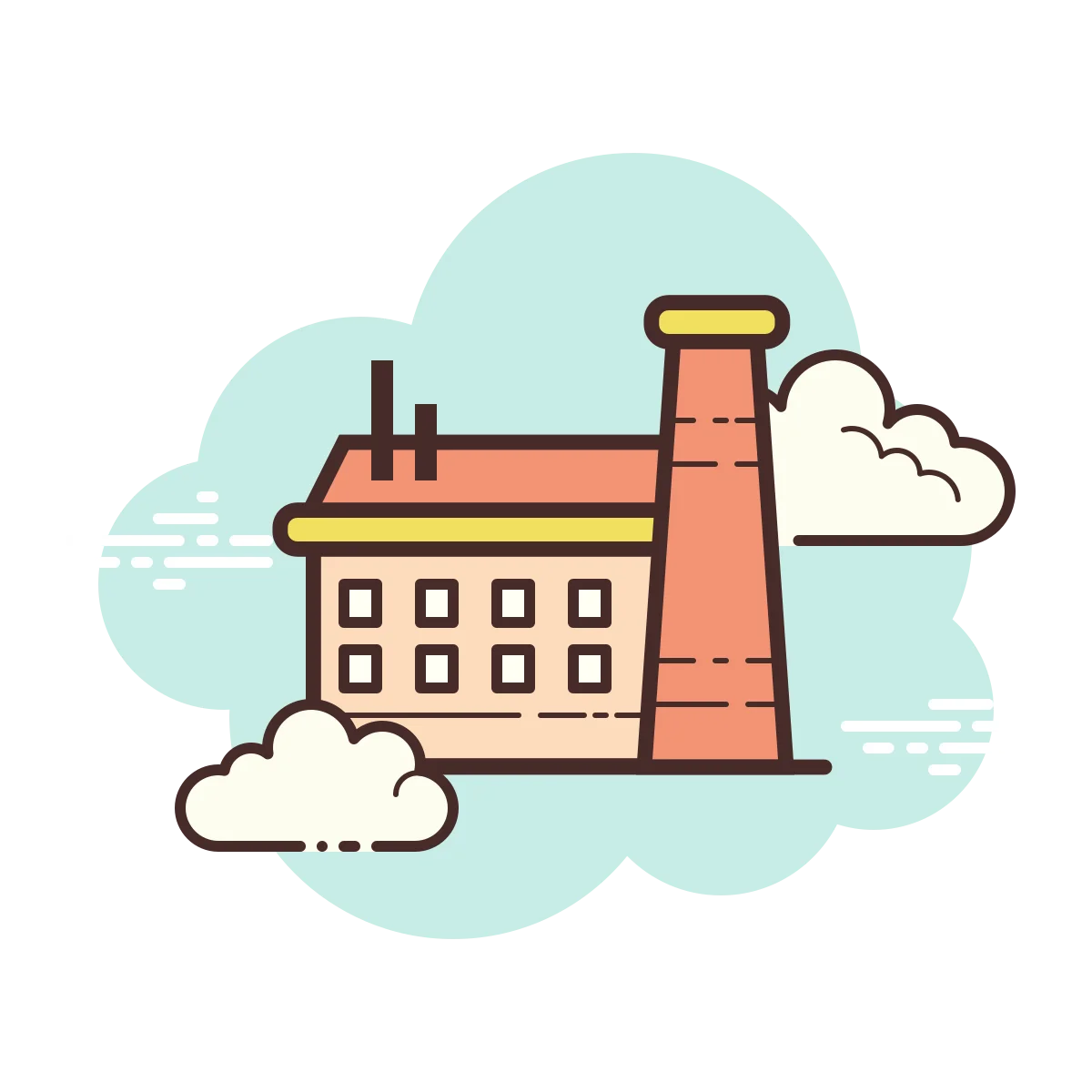 Industrial Factory Building Clipart with Smokestack and Clouds in Pastel Tones