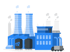 Industrial Landscape Illustration: Blue Factory Clipart with Smokestacks and Machinery
