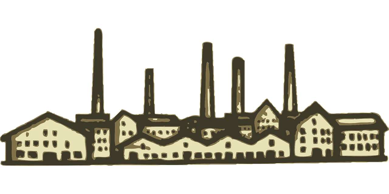 Industrial Revolution Era Factory Landscape Monochrome Vintage Clipart Illustration