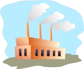Retro Industrial Factory Building Clipart with Smokestacks and Blue Sky