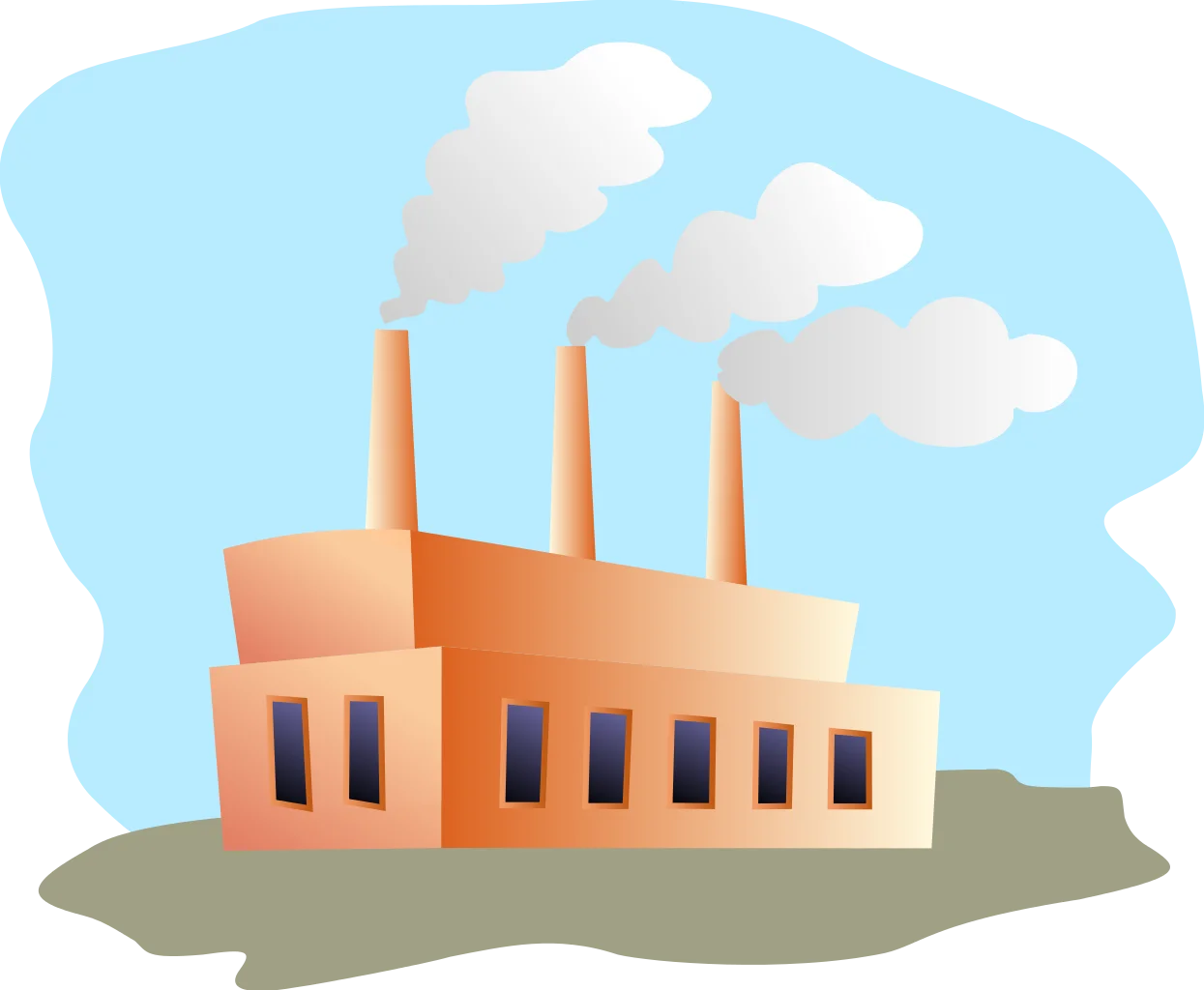 Retro Industrial Factory Building Clipart with Smokestacks and Blue Sky