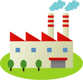 Stylized Industrial Factory Clipart with Smokestacks and Green Landscape