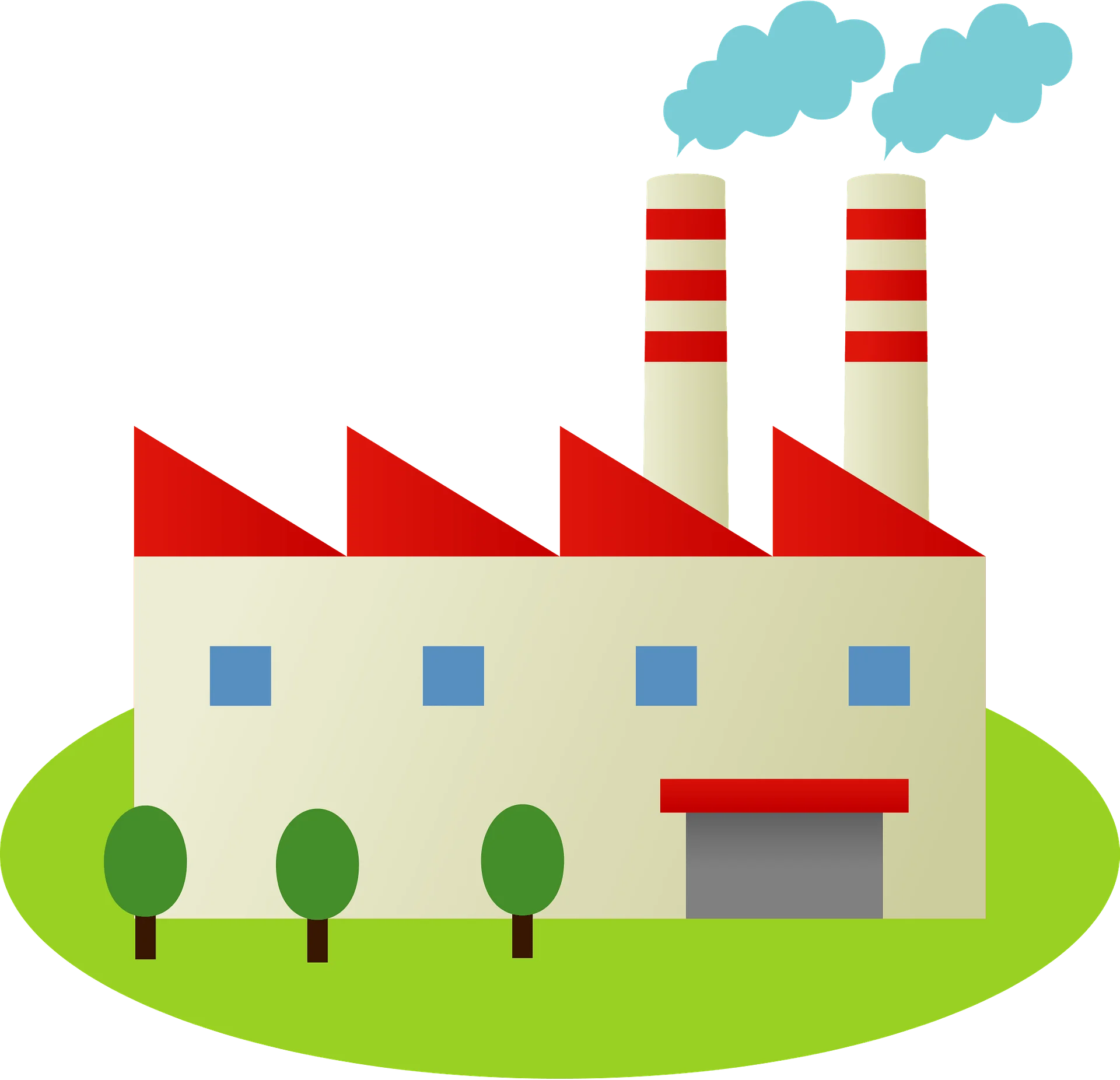 Stylized Industrial Factory Clipart with Smokestacks and Green Landscape