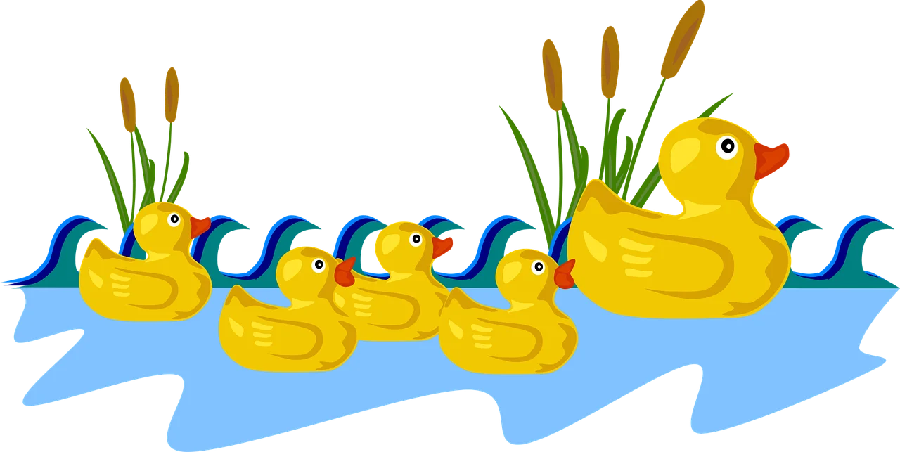 Adorable Rubber Ducky Family Swimming Together in Playful Cartoon Clipart Scene