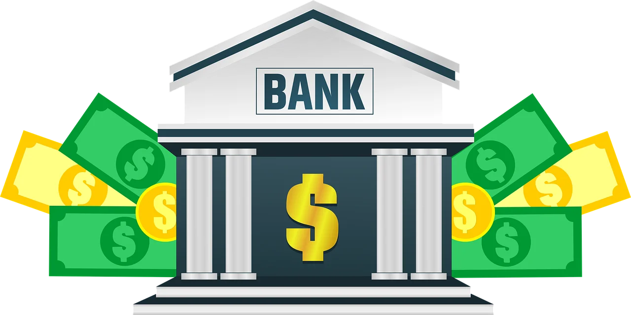 Bank Building with Cash and Dollar Sign Financial Services Clipart Illustration
