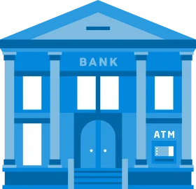 Classic Blue Bank Building Architectural Clipart Design with ATM Side Panel