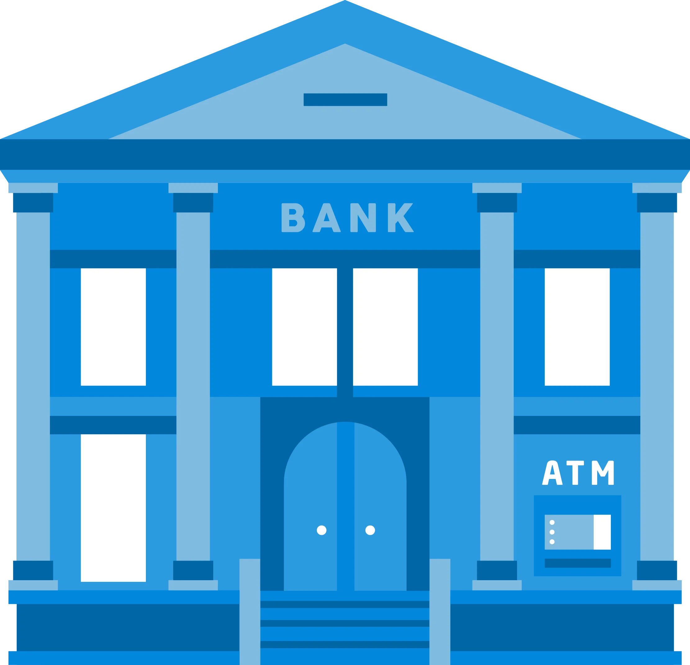 Classic Blue Bank Building Architectural Clipart Design with ATM Side Panel