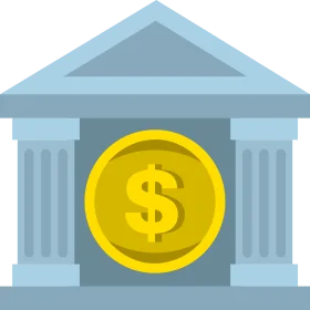 Classic Financial Institution Building Clipart with Golden Dollar Coin Symbol