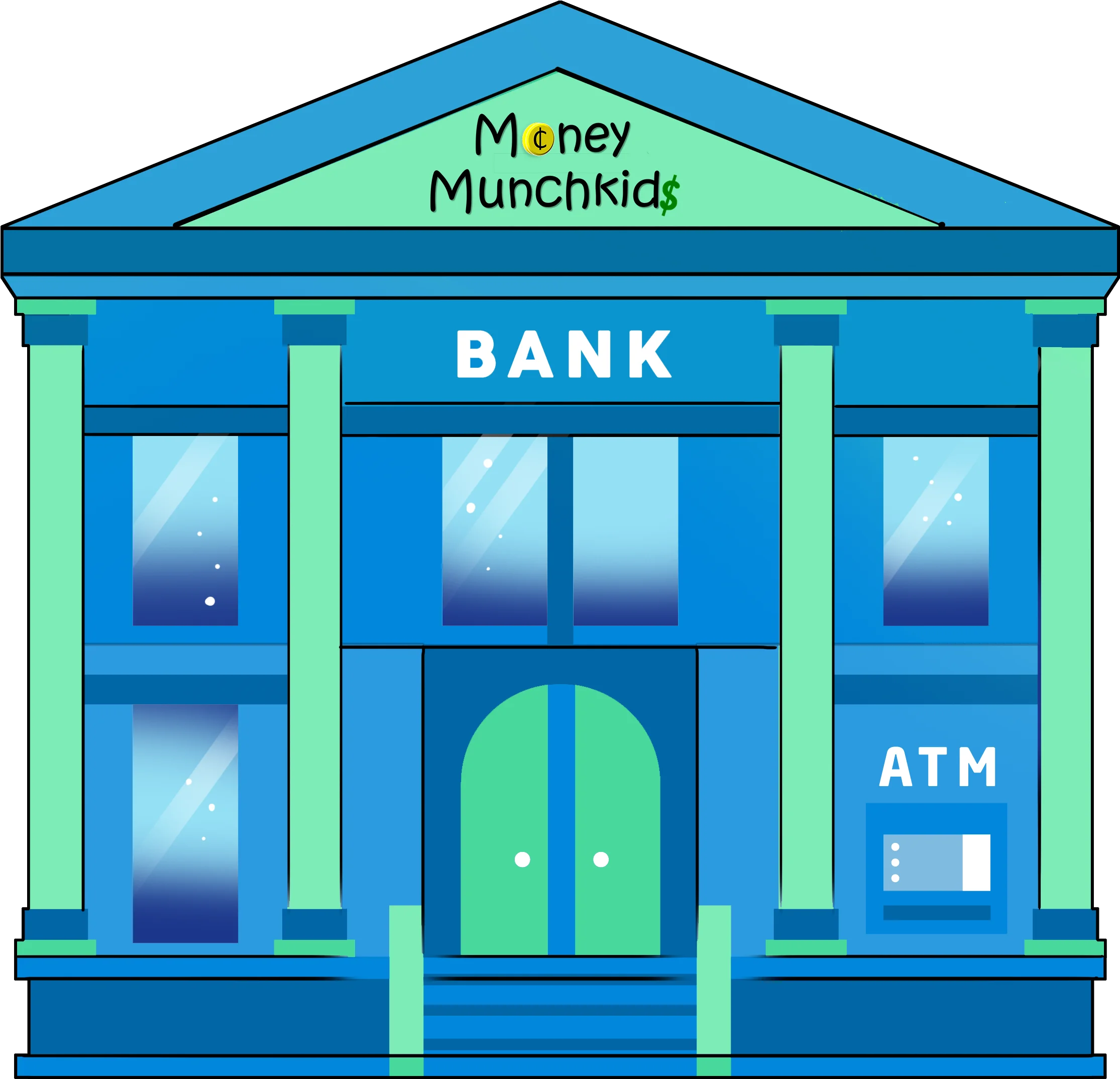 Money Munchkids Bank Branch Architectural Clipart with Modern Design Elements