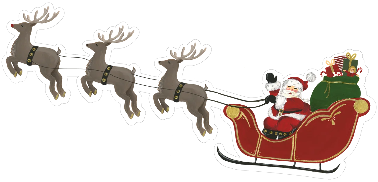 Classic Christmas Santa Sleigh Clipart with Reindeer Team Pulling Festive Sled