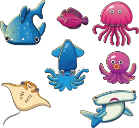 Cute and Colorful Sea Creatures Ocean Life Cartoon Clipart Collection