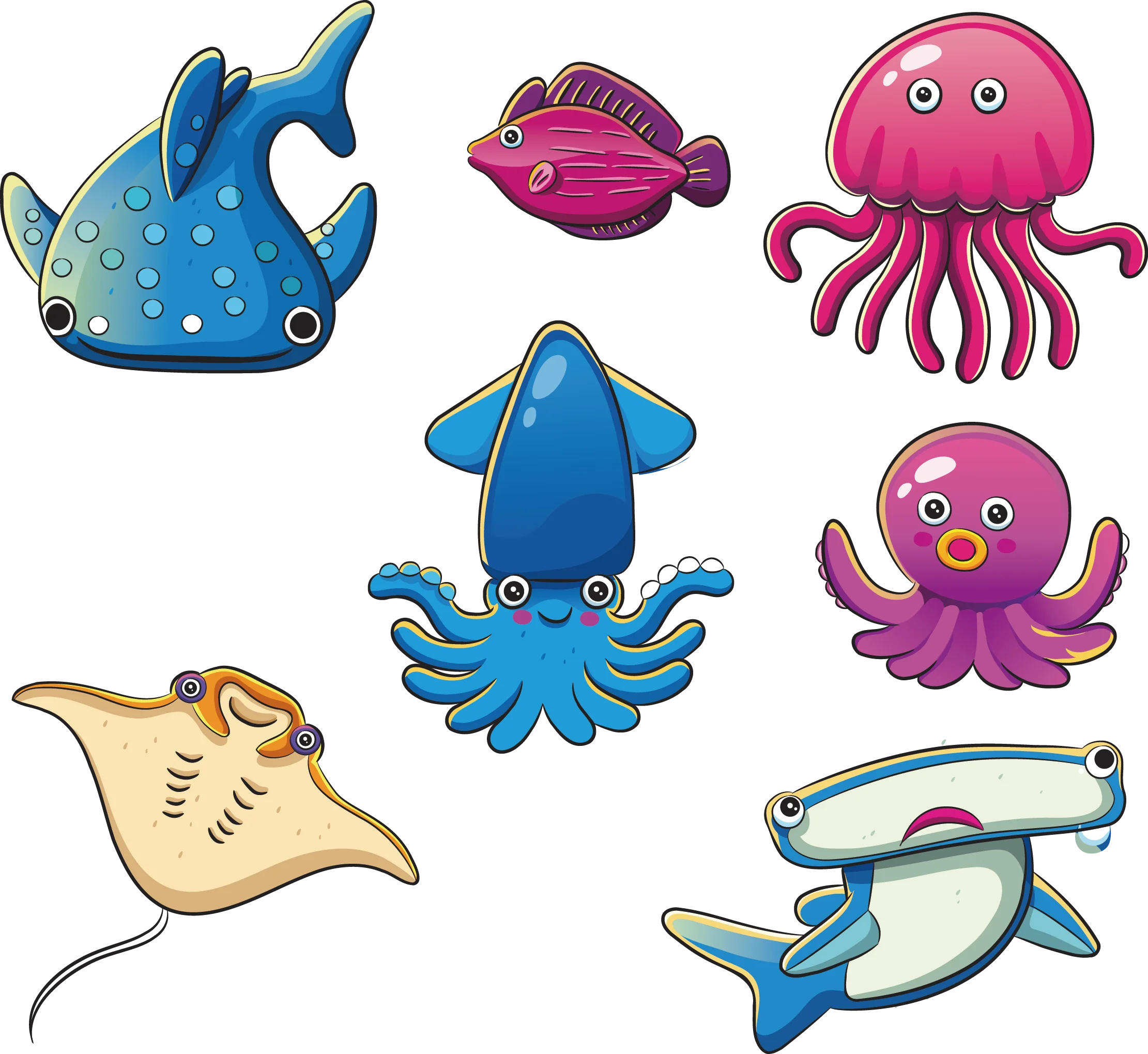 Cute and Colorful Sea Creatures Ocean Life Cartoon Clipart Collection