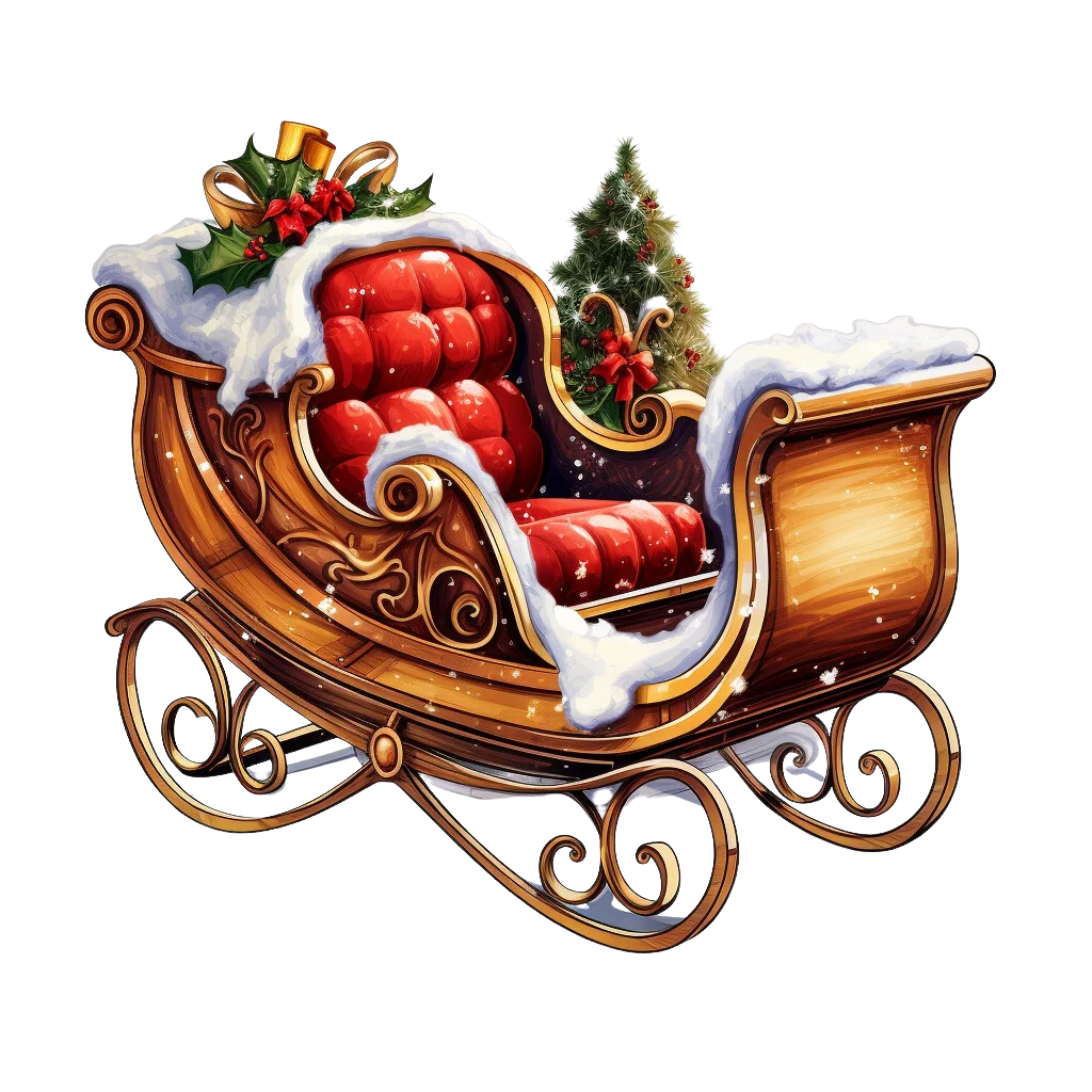 Enchanting Festive Christmas Santa Sleigh Clipart with Ornate Wooden Design