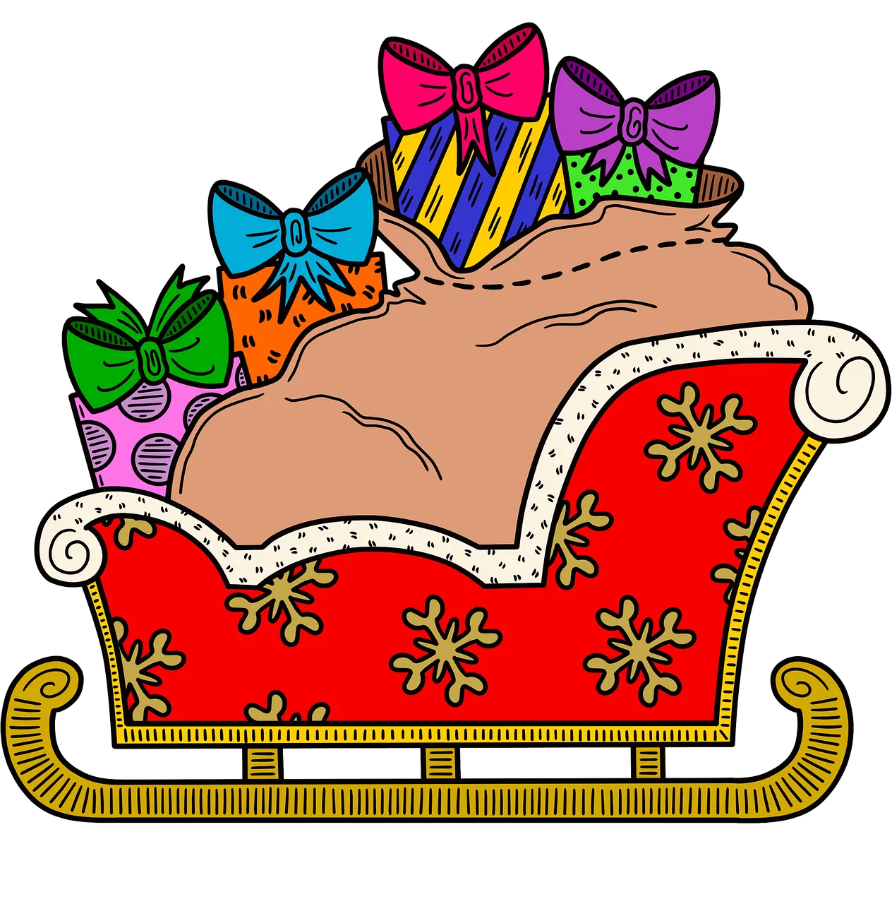 Festive Christmas Sleigh Clipart with Colorful Wrapped Gifts and Ornate Design