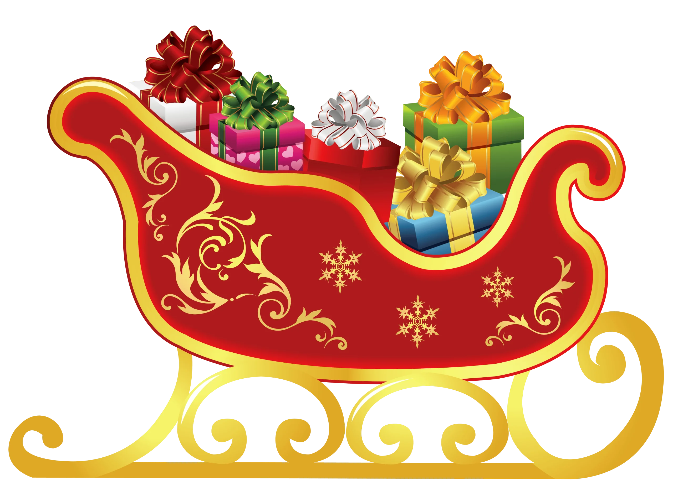 Festive Red and Gold Christmas Santa Sleigh Clipart with Wrapped Presents