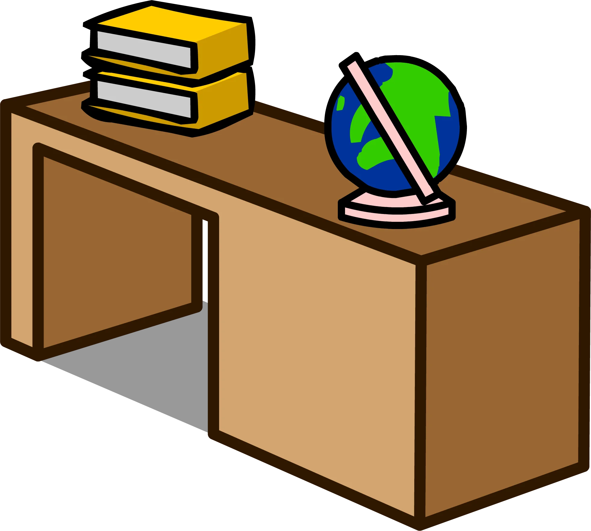 Simple Brown Wooden Desk with Stacked Books and Spinning Globe Clipart Design