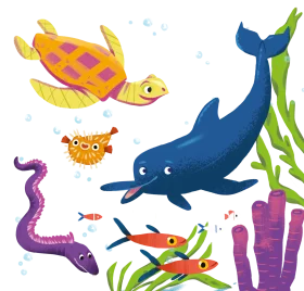 Whimsical Underwater Adventure: Playful Sea Creatures Cartoon Clipart Collection