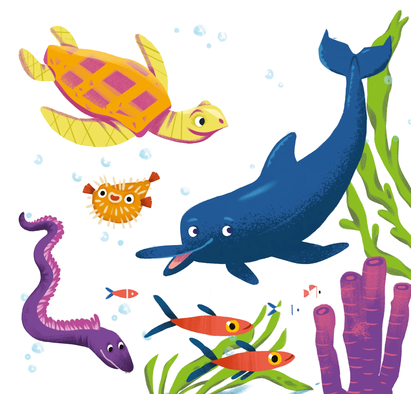 Whimsical Underwater Adventure: Playful Sea Creatures Cartoon Clipart Collection