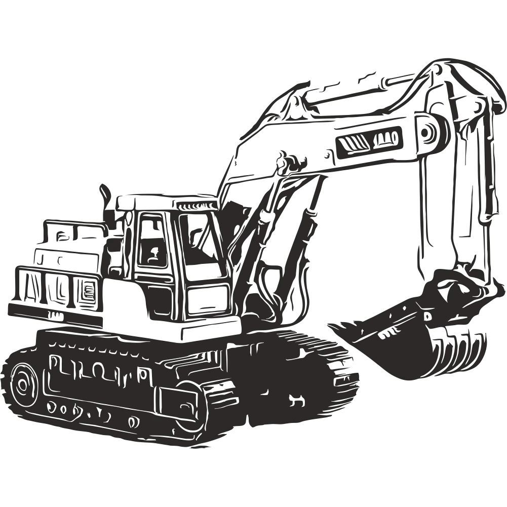 Heavy Construction Machinery Industrial Excavator Black and White Clipart Design