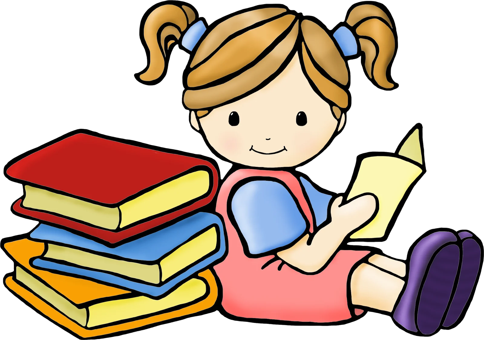 Adorable Young Student Reading Book with Colorful Storybook Clipart Illustration