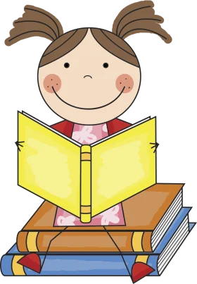 Adorable Young Student Reading Colorful Book on Stack of Textbooks Clipart Illustration
