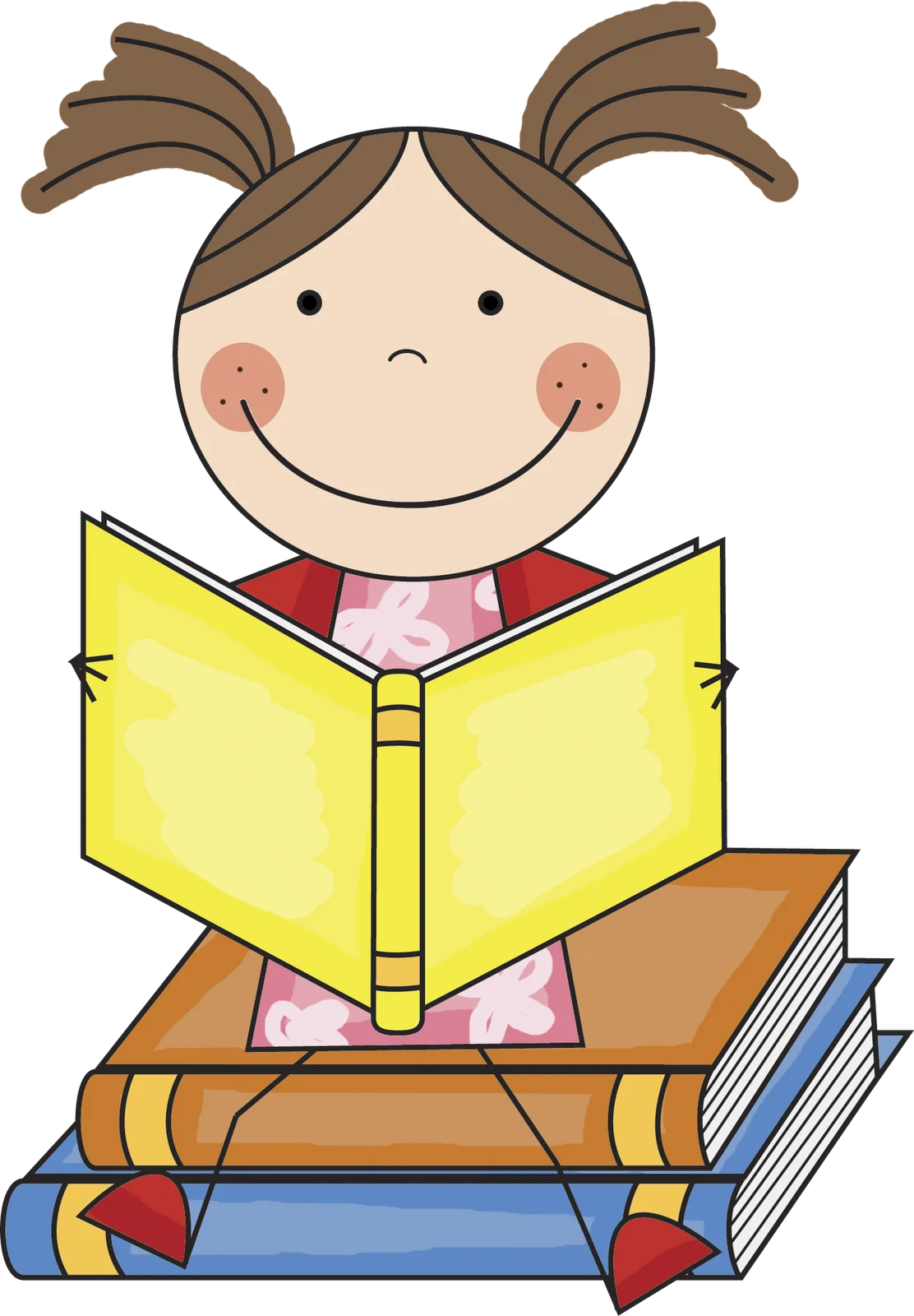 Adorable Young Student Reading Colorful Book on Stack of Textbooks Clipart Illustration