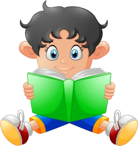 Cheerful Cartoon Child Enjoying Reading a Bright Green Book Clipart Illustration