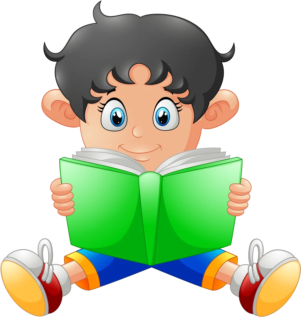 Cheerful Cartoon Child Enjoying Reading a Bright Green Book Clipart Illustration