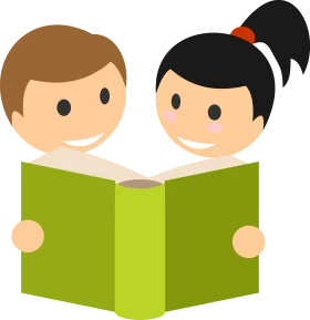 Cheerful Children Reading Together Green Book Clipart Illustration
