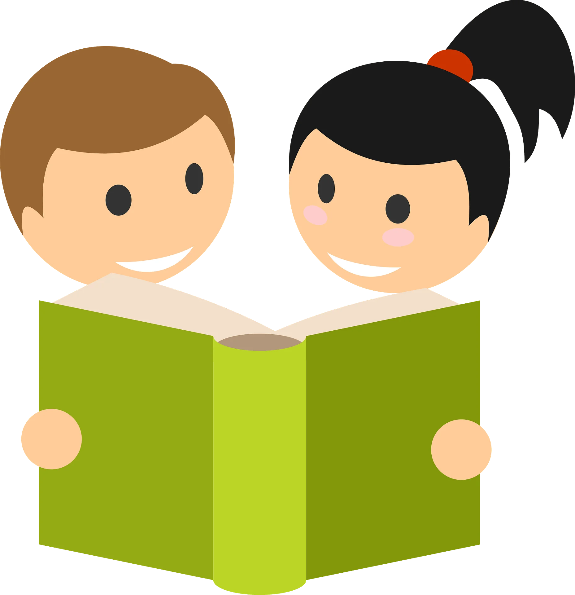 Cheerful Children Reading Together Green Book Clipart Illustration