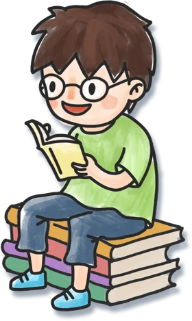 Cheerful Young Student Enjoying a Book While Sitting on Stacked Literature - Educational Clipart