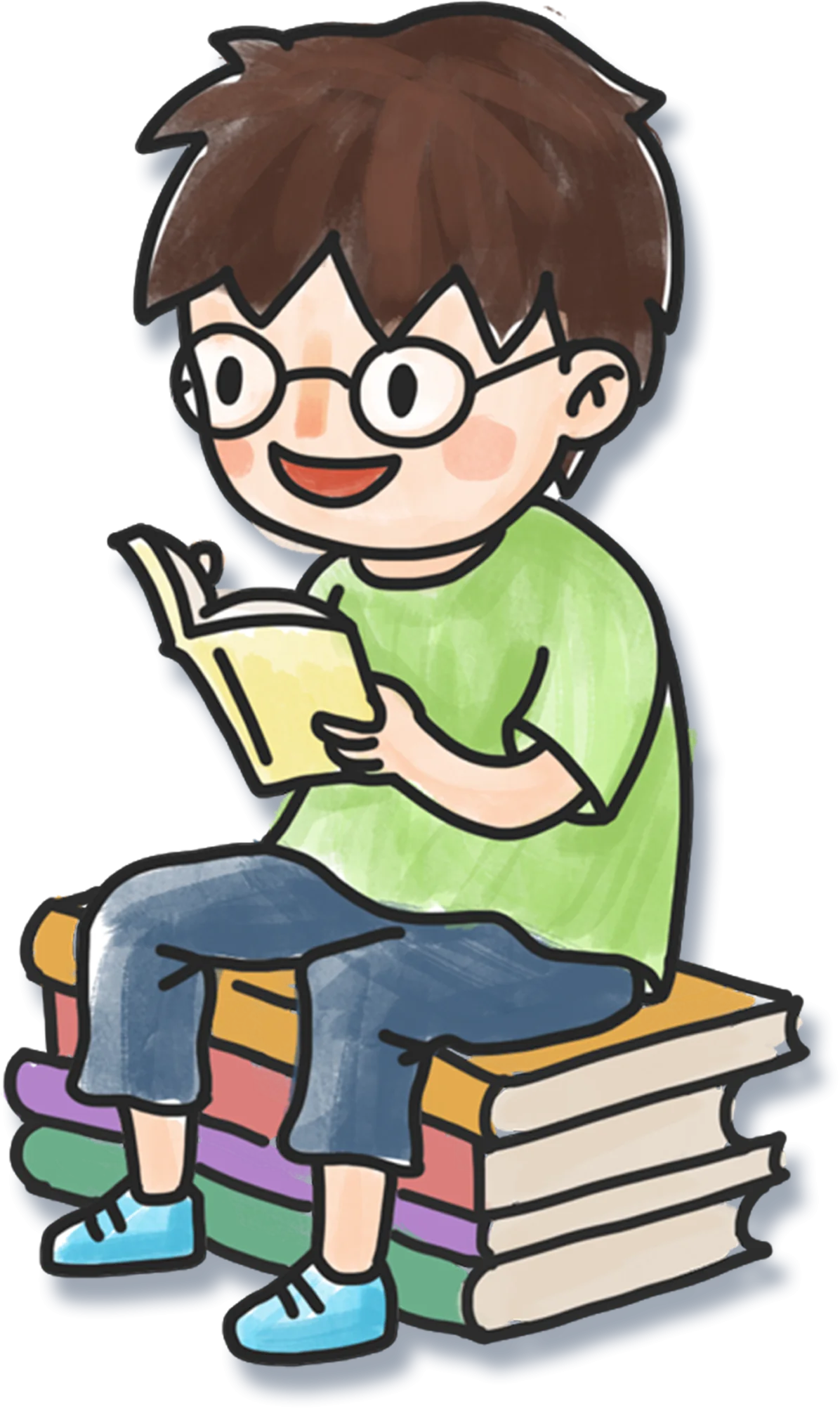 Cheerful Young Student Enjoying a Book While Sitting on Stacked Literature - Educational Clipart