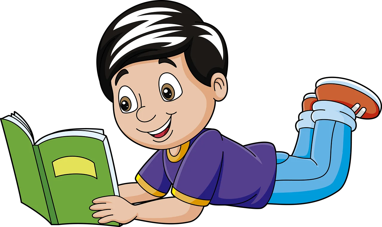 Cheerful Young Student Enjoying Reading a Book - Educational Clipart Illustration