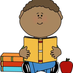 Cheerful Young Student Reading Book with Colorful Storybook Clipart Illustration