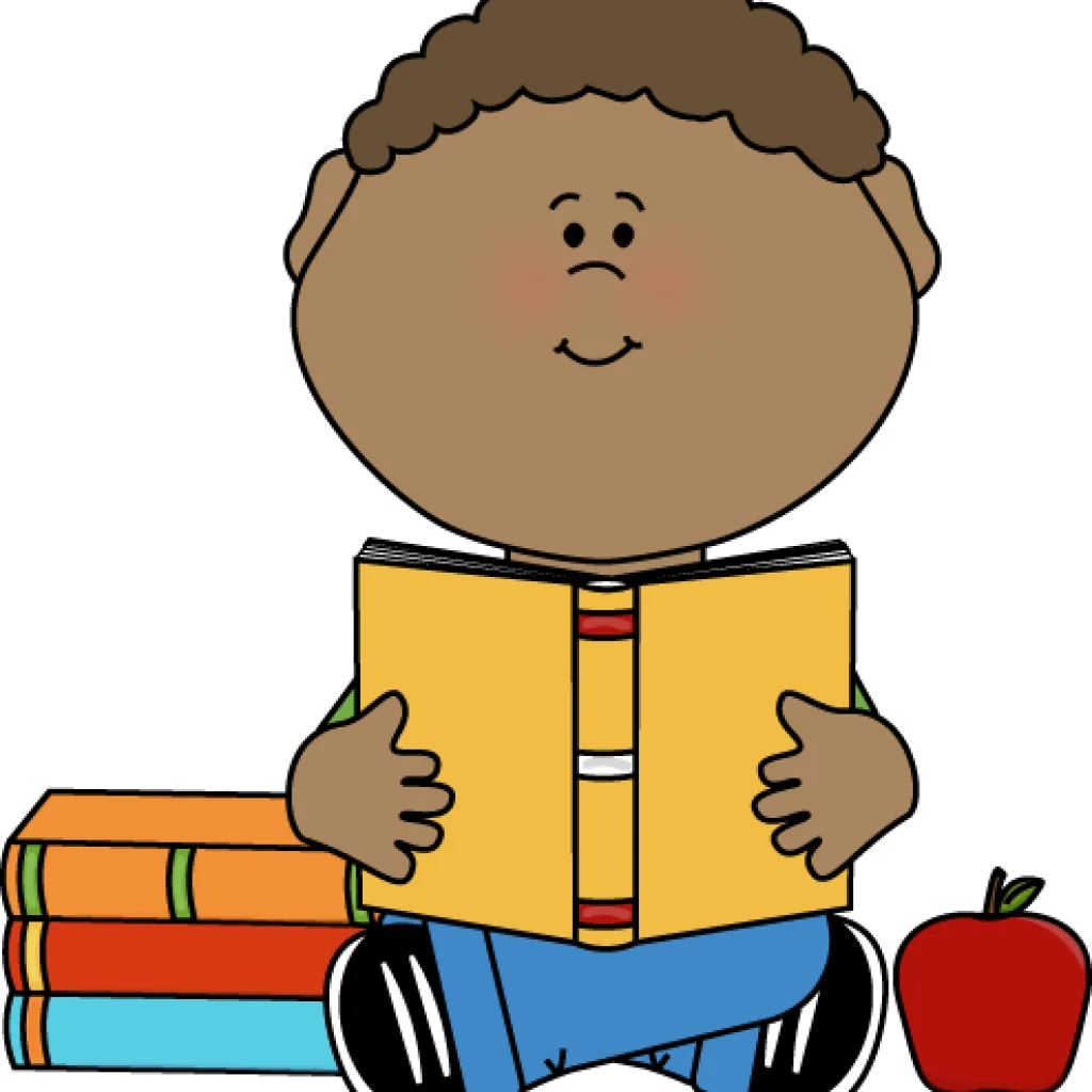 Cheerful Young Student Reading Book with Colorful Storybook Clipart Illustration