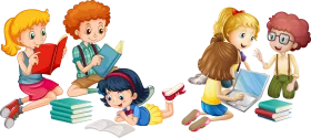 Engaging Kids Reading Together: Colorful Educational Clipart Illustration