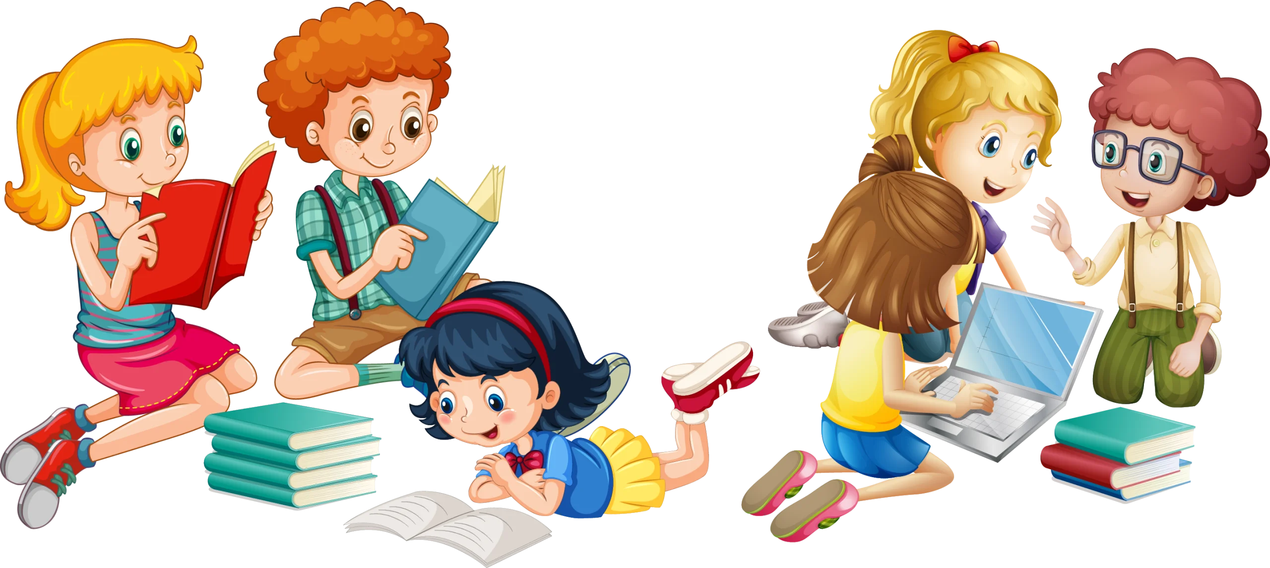 Engaging Kids Reading Together: Colorful Educational Clipart Illustration