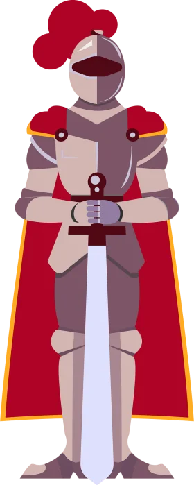 Medieval Armored Knight Standing Tall with Sword and Crimson Cape Clipart Illustration