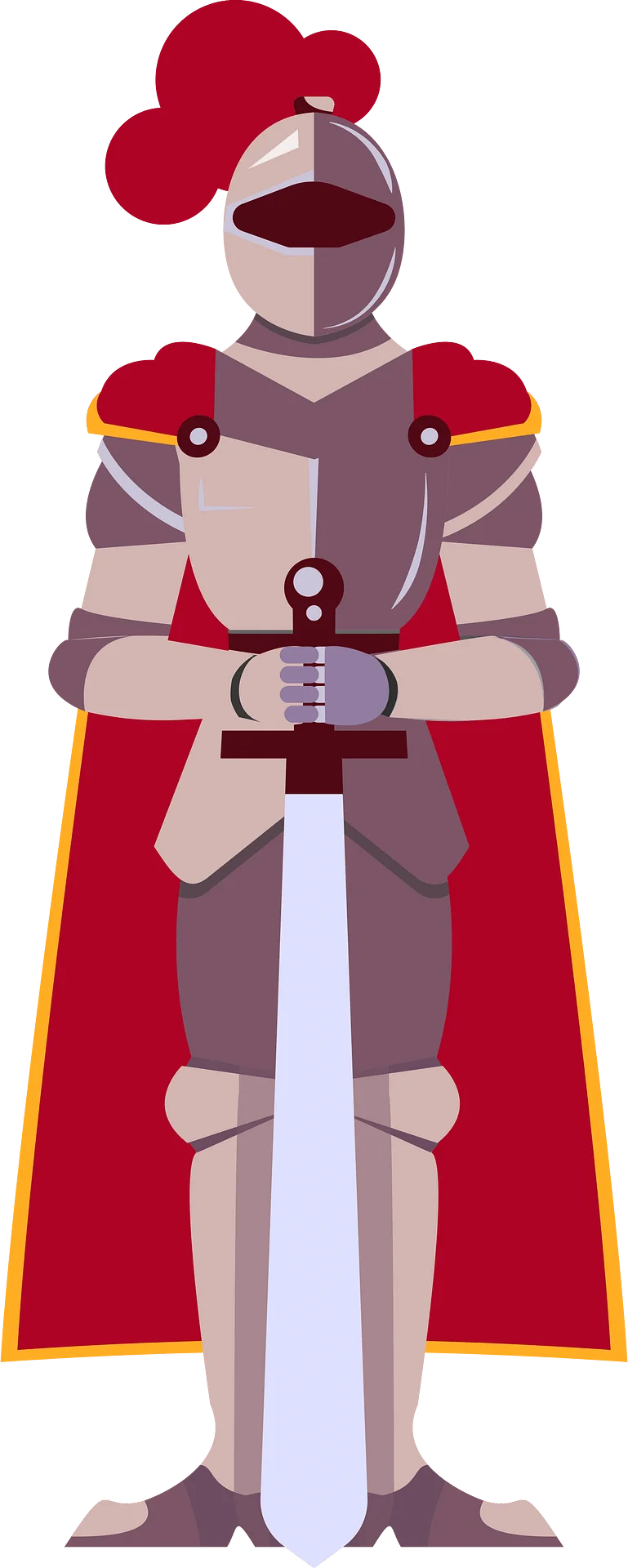 Medieval Armored Knight Standing Tall with Sword and Crimson Cape Clipart Illustration