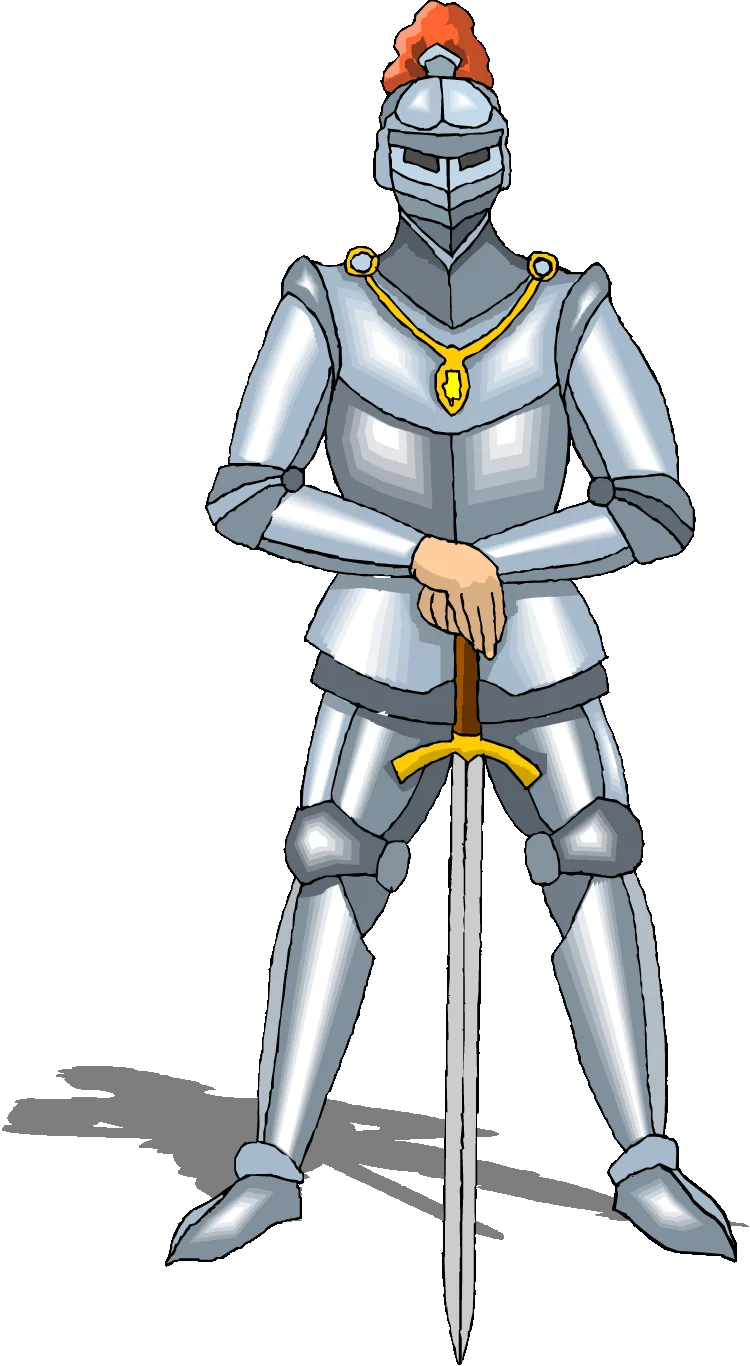 Medieval Armored Knight Standing Tall with Sword Clipart - Metallic Silver Armor Design