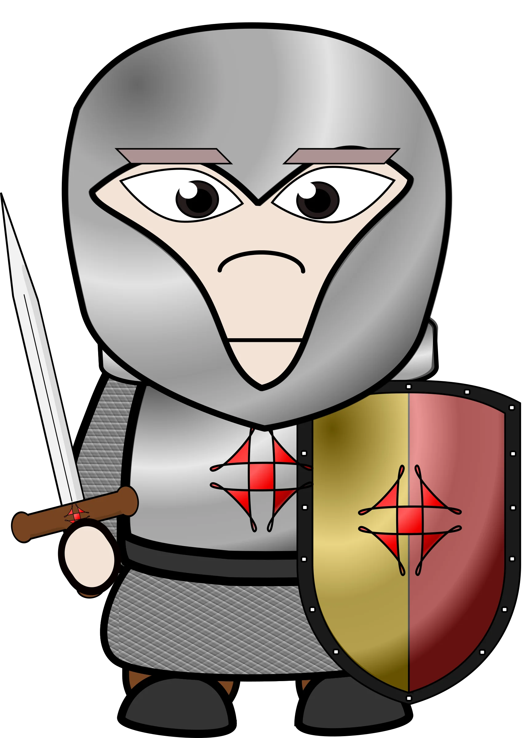 Medieval Chibi Knight Warrior Clipart with Sword and Shield in Grayscale