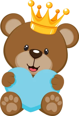 Adorable Royal Teddy Bear Clipart with Golden Crown and Blue Heart