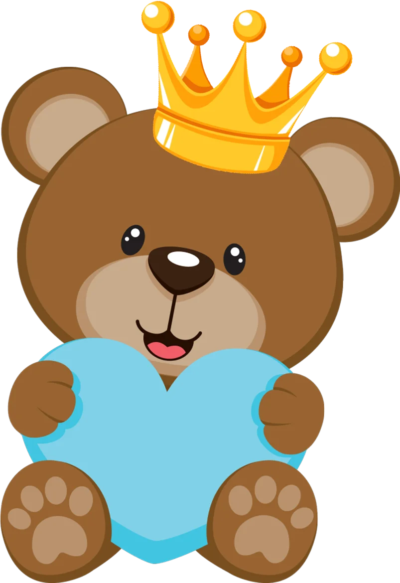 Adorable Royal Teddy Bear Clipart with Golden Crown and Blue Heart