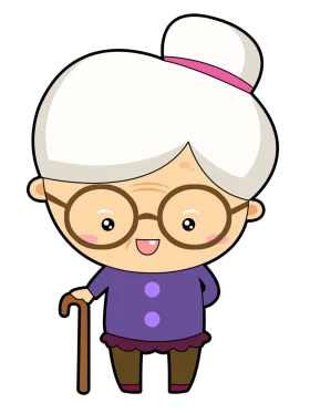 Adorable Elderly Lady Cartoon Clipart: Charming Grandma with Glasses and Walking Stick