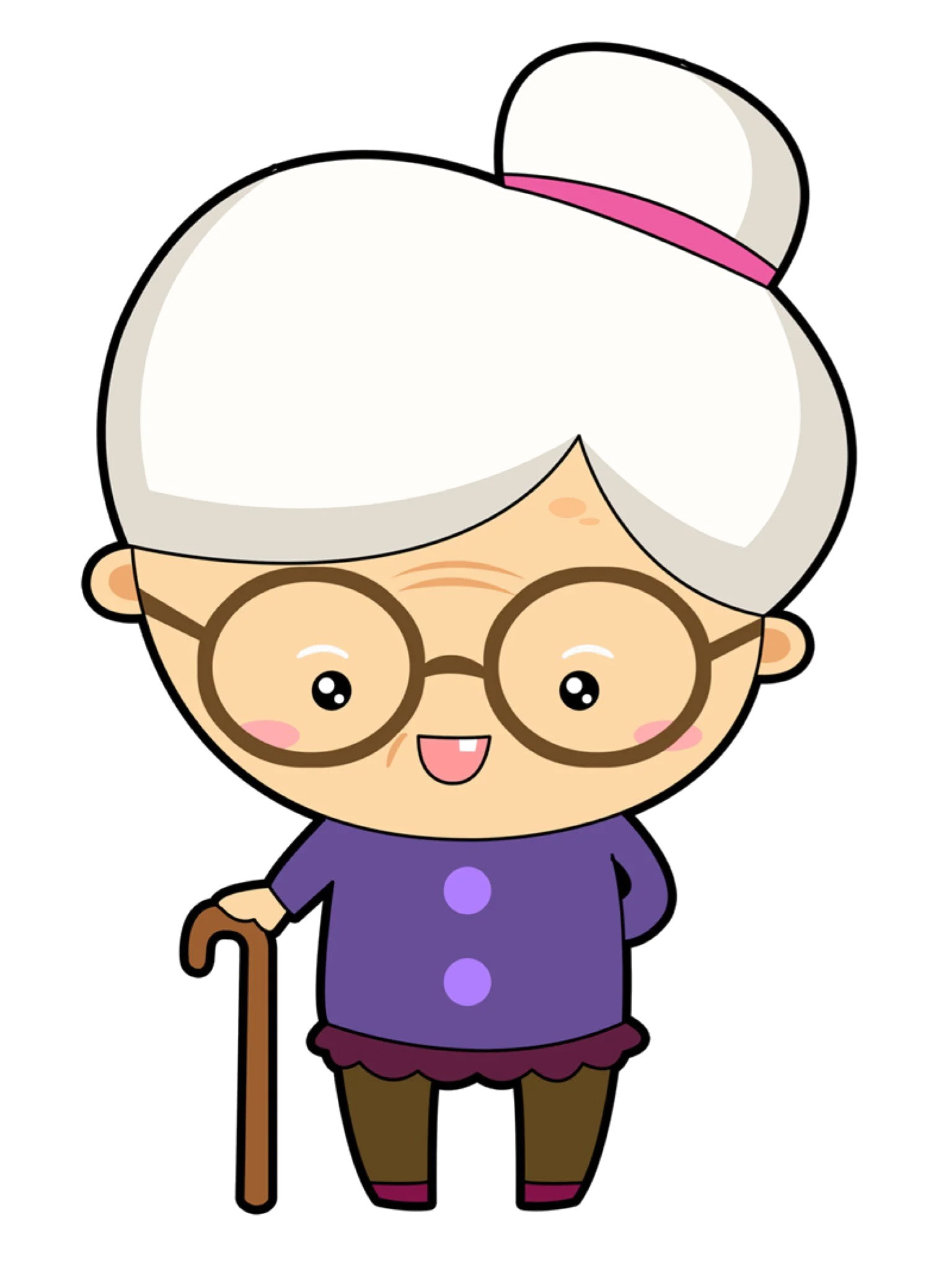 Adorable Elderly Lady Cartoon Clipart: Charming Grandma with Glasses and Walking Stick