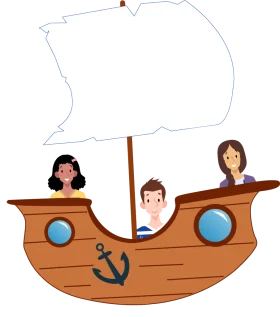 Adventurous Nautical Voyage: Three Young Explorers on a Cartoon Clipart Ship